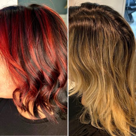 hair coloured from blonde to black and red