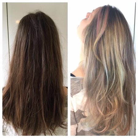 hair coloured from dark brown to blonde with pastel tones done by Leyla at the klinik hairsalon London