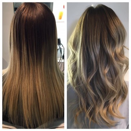 A dark blonde being improved by upgrading it to a icy cool blond using Olaplex at the klinik salon London by Leyla
