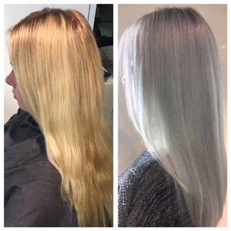 Blonde hair before and after pictures to go silver platinum by Leyla at the klinik salon London