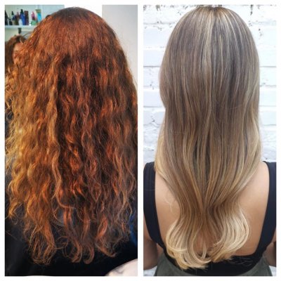 Before and after of girl with dark warm blonde to ashy blonde at the klinik London