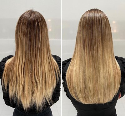 Girl with long hair showing it from frissy to smooth with a trim at the klinik salon London