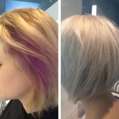Cleanse pink hair to make way to create an  icy cool blonde using Olaplex