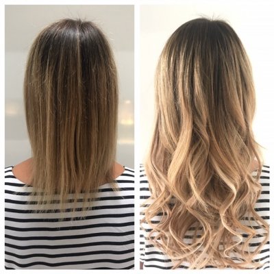 Hair being extended using Easilock system by Leyla at the klinik hairdressing. Using a total of 60 strands of Frosted Caramel Ombre, Biscuit and Sand/Vanilla.