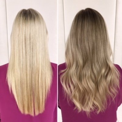 Long light blonde hair has been coloured toned down to create a more autumn blonde tone.Leyla created a soft ash blond all along with Olaplex.