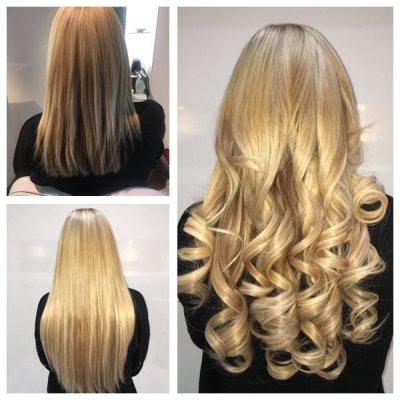 Natural blonde haor has been extended using 140 strands of Easilocks hair in 4 different tones. Leyla at the klinik is a specialist in hair extensions.