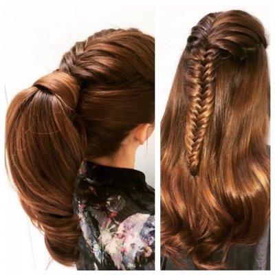 Long hair has been fishtailed and then after kept loose or put up in a pony tail! All at the klinik hairdressing London Farringdone Clerkenwell EC1R 4QE