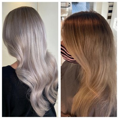 Before and after of hair being dark blonde to silver white by Leyla at the klinik hairdressing Lndon