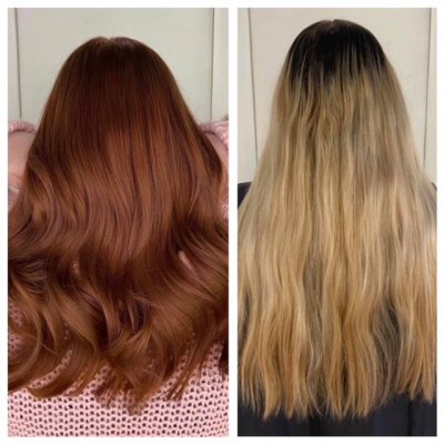 Before and after on a blonde hair turning a copper red at the klinik salon London