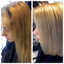 Dark blonde coloured to a clean blonde using Olaplex to maintain hairs condition throughout at the klinik hairdressing Islington