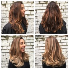 Couloured dark hair to a balayage refreshed modern colour in multi blonde tones by Thea at the klinik hairdressing in London Farringdon