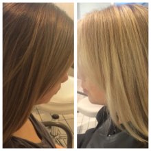 Hair coloured from a brunette to a blonde using L'oreal and Wella by graduate stylist Leyla at the klinik Islington