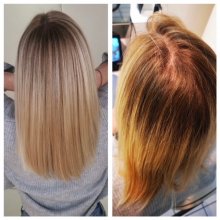 Before and after hair done by Corina at the klinik salon London